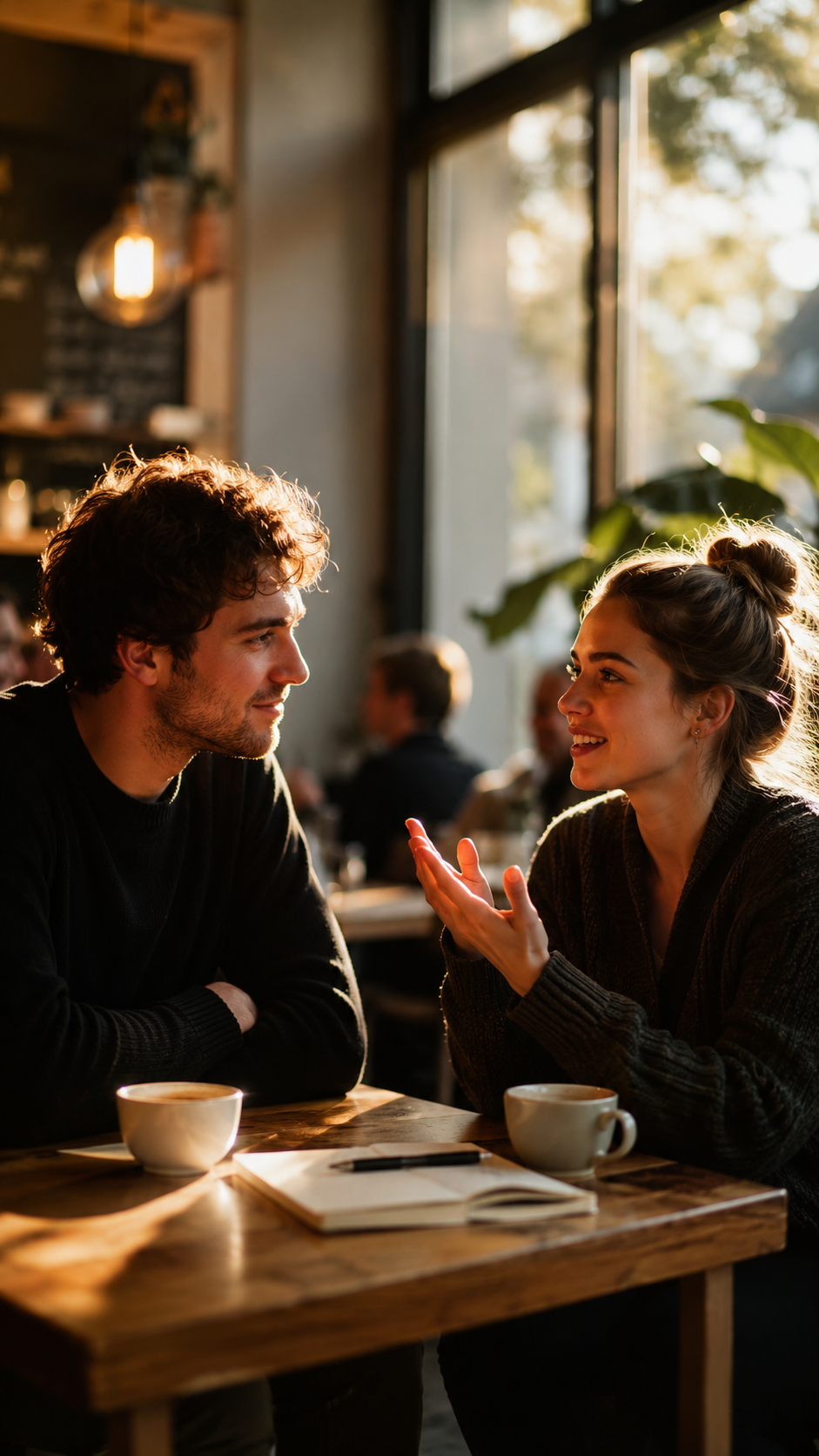 Deux personnes en pleine conversation dans un café, lumière dorée