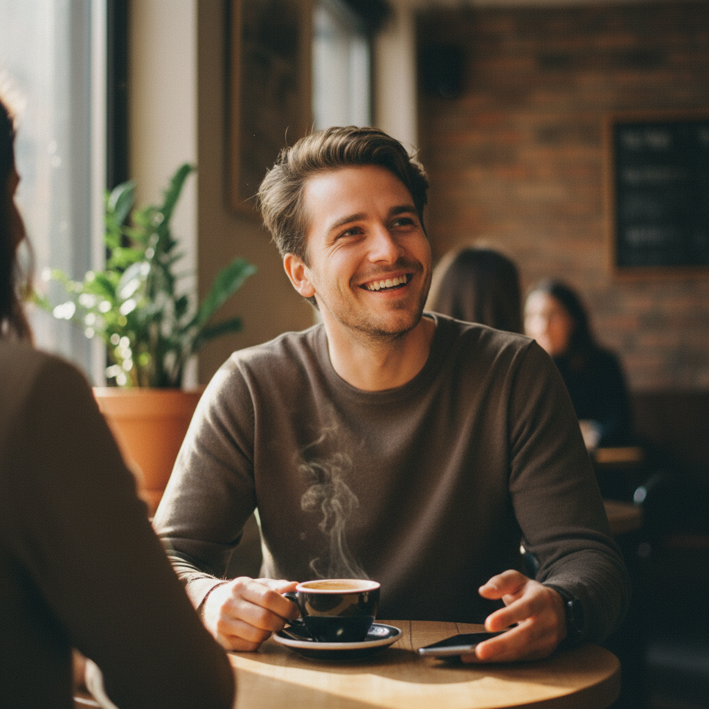 Jeune homme souriant dans un café prêt à parler